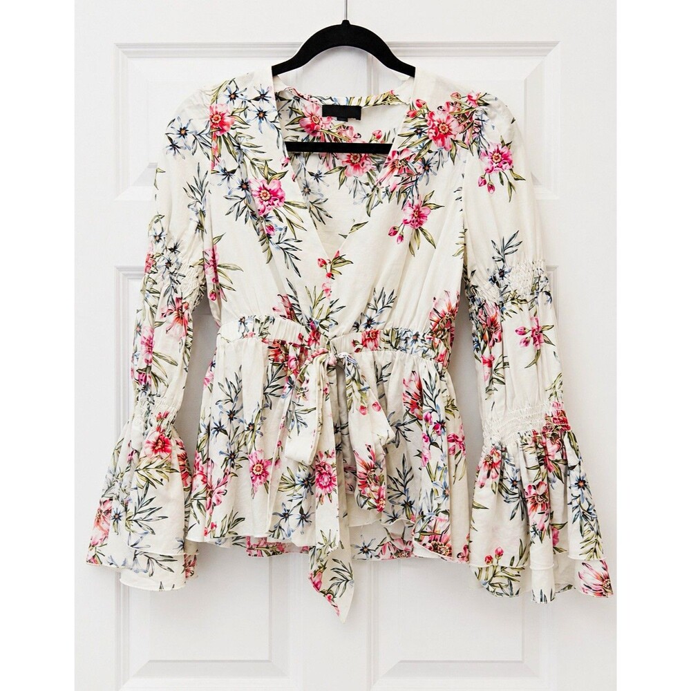 INTERMIX Women’s Floral V-Neck Tie Front Ruffle Bell Sleeve Blouse Size M